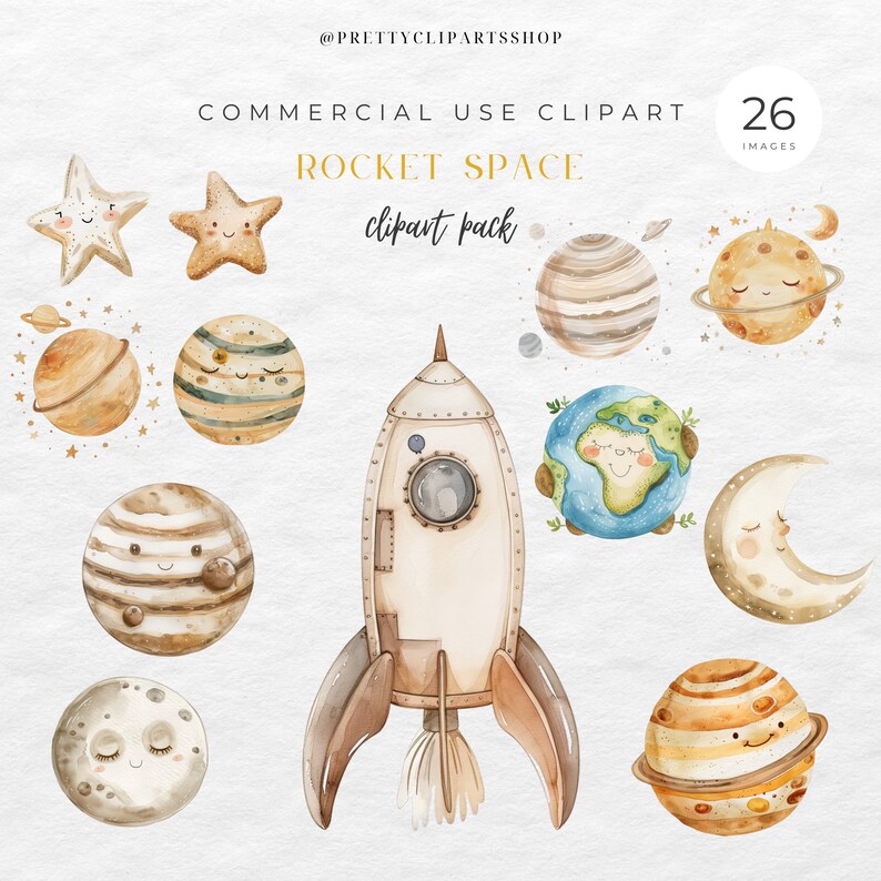Watercolor Space Clipart Bundle Astronaut Rocket PNG, Commercial Use ...