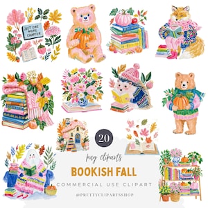 May include: A collection of 20 digital illustrations featuring autumn themes, including bears holding pumpkins, a fox reading a book, a hedgehog in a hat, floral arrangements, stacks of books, a ghost reading, and fall foliage with the text BOOKISH FALL.