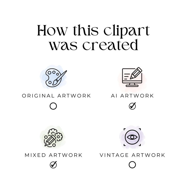 May include: White background with the text "How this clipart was created." Four options are presented: Original Artwork, AI Artwork, Mixed Artwork, and Vintage Artwork. Checkmarks indicate AI and Mixed Artwork.