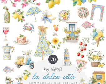 La Dolce Vita Clipart Bundle, Preppy Italian Summer PNG Graphic Design Elements (Commercial Use)
