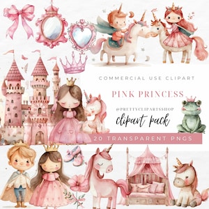 Aquarell rosa Prinzessin Clipart, kleine Prinzessin Clipart, Märchen Clipart, Prinzessin und Schloss PNG, Grüner Frosch Clipart