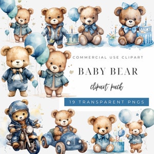 Baby Bear Clipart Blue Watercolor Nursery Clipart for Commercial Use, Teddy Bear PNG, It's a Boy Baby Shower Clipart