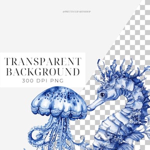 May include: Blue watercolor illustration of a jellyfish and a seahorse on a transparent background. The jellyfish has a bell-shaped body with white spots and blue tentacles. The seahorse has a long snout and a curled tail. Both creatures are surrounded by blue seaweed.
