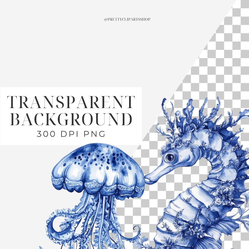 May include: Blue watercolor illustration of a jellyfish and a seahorse on a transparent background. The jellyfish has a bell-shaped body with white spots and blue tentacles. The seahorse has a long snout and a curled tail. Both creatures are surrounded by blue seaweed.