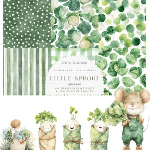 May include: A digital clipart pack titled "Little Sprout" featuring watercolor illustrations. The design includes various green patterns, smiling sprout characters, and a cute mouse holding greens. The pack includes 80 transparent PNGs and 6 JPG 12x12in papers.