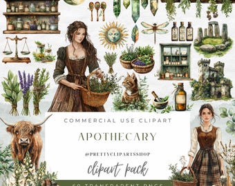 May include: A digital clipart pack with 60 transparent PNG images featuring a whimsical apothecary theme. The images include a woman in a brown dress, a cat, herbs, flowers, bottles, a scale, a sun, a moon, crystals, a dragonfly, a castle, and a cow. The text "Apothecary" is featured in the center of the image.