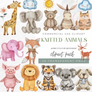 Clipart Stricktiere, Kinderzimmer Dekor, stricken Clip art, Tiere, Safari Babys, Aquarell Garn und Wolle, Baby-Dusche, kommerzielle Nutzung