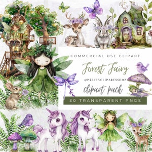 Ensemble de cliparts fée forêt enchantée - licorne, lapin, cerf, champignon, jardin féerique - décoration magique pour chambre d'enfant