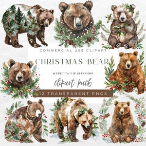 Aquarelle ours de Noël Clipart verdure Boho Noël Animal des bois PNG vacances clipart hiver PNG forêt animaux usage Commercial