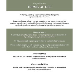 May include: Terms of use for digital clipart.  The text explains that by purchasing clipart, you agree to a single non-transferable license.  You cannot redistribute the clipart as your own, modify it, or sell products using the clipart without a business license.