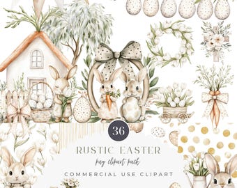 Rustic Easter Spring Watercolor Clipart Bundle Vintage Bunny PNG Cottagecore Commercial Use Birthday Party Baby Shower