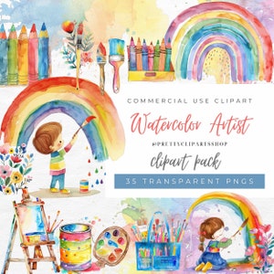 Pacote de clipart de artista aquarela definido para uso comercial, giz de cera, clipart PNG de arco-íris, formas de aquarela, material escolar, transparente