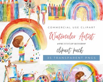 Conjunto de imágenes prediseñadas de artistas de acuarela: arcoíris, crayones y arte escolar (PNG, uso comercial)