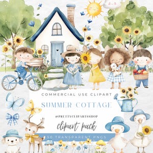 Cabaña de verano Acuarela PNG Clipart Animales lindos Ganso tonto Granja Azul Gingham Girasoles Guardería Niños Clipart Uso comercial