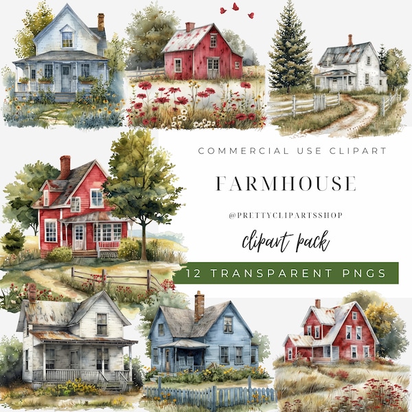 Farmhouse Clipart, Summer Clipart, Watercolor PNG Clipart, Commercial Use, Shabby Chic, Home decor wall art