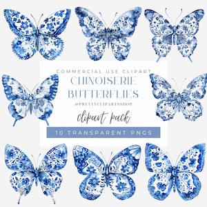 Chinoiserie Butterfly Coquette Cliparts Toile Azul PNG Azul Empoeirado Uso Comercial Padrão de Porcelana Clipart Feminino Download Digital