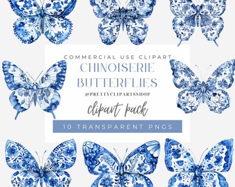 Blue Chinoiserie Butterfly Clipart: Porcelain Pattern PNG (Digital Download)