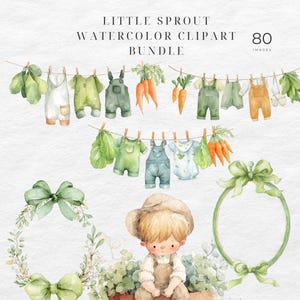 May include: Watercolor clipart bundle titled "Little Sprout" featuring illustrations of baby clothes, carrots, and a child in overalls. Includes green bows and wreaths, and the text "Commercial Use Clipart" and "80 Images".