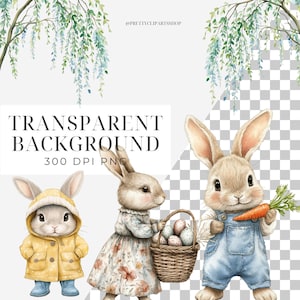 May include: Three watercolor illustrations of bunnies. One bunny is wearing a yellow raincoat, another is wearing a floral dress and carrying a basket of eggs, and the third is wearing blue overalls and holding a carrot.