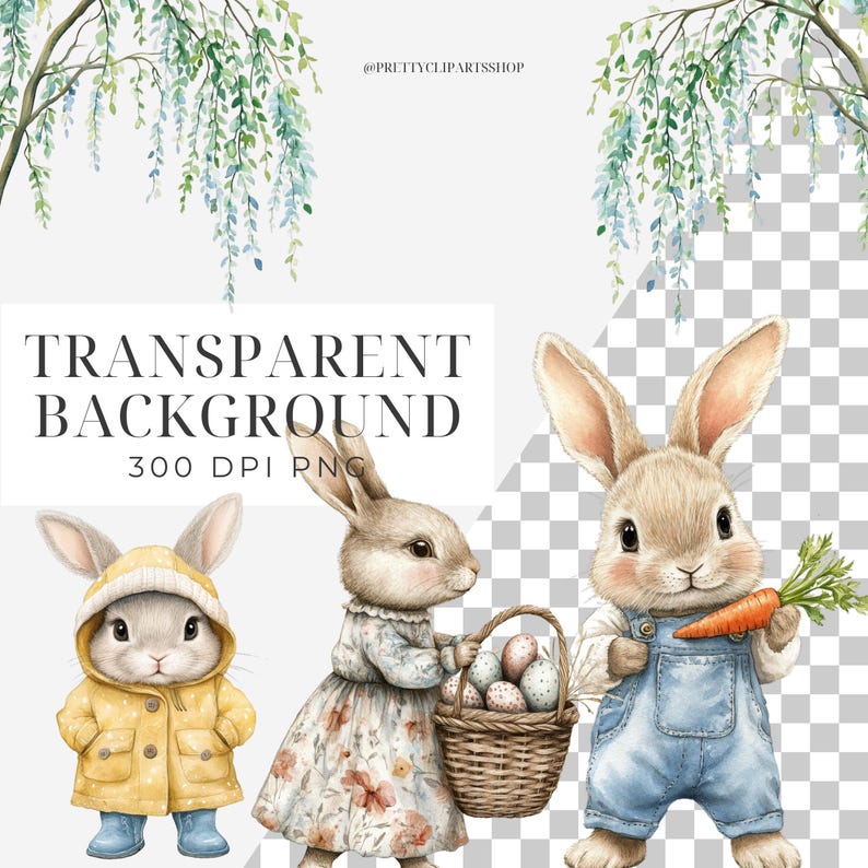May include: Three watercolor illustrations of bunnies. One bunny is wearing a yellow raincoat, another is wearing a floral dress and carrying a basket of eggs, and the third is wearing blue overalls and holding a carrot.