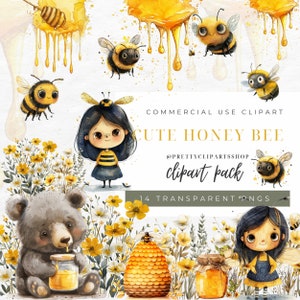 Imágenes prediseñadas de abeja de miel de acuarela, oso de miel lindo, uso comercial, imágenes prediseñadas de guardería, imágenes prediseñadas de baby shower