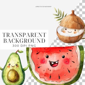 May include: Watercolor illustration of a smiling watermelon, avocado, and coconut with a green leaf. The fruits are cartoon-like and have happy faces. The background is transparent.