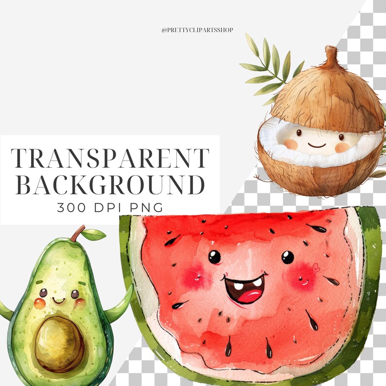May include: Watercolor illustration of a smiling watermelon, avocado, and coconut with a green leaf. The fruits are cartoon-like and have happy faces. The background is transparent.