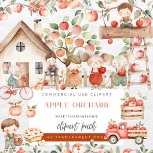 Huerto de manzanas de otoño Acuarela Otoño PNG Clipart Árbol de manzana Lindo ratón Clipart Cottagecore Guardería Niños Gráficos caprichosos Uso comercial