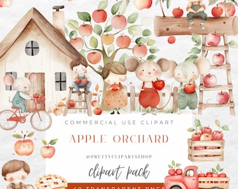 Puede incluir: Paquete de imágenes prediseñadas de acuarela con una escena de huerto de manzanas con una casa, manzanos y personajes de dibujos animados. La imagen incluye el texto "APPLE ORCHARD" y "clipart pack". Las ilustraciones son de estilo caprichoso.