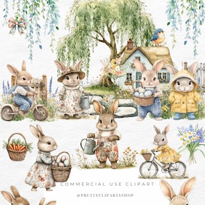 Vintage Bunny Clipart Easter Spring Watercolor Cottagecore Commercial Use Birthday Party Baby Shower Wildflowers Sublimation PNG image 12