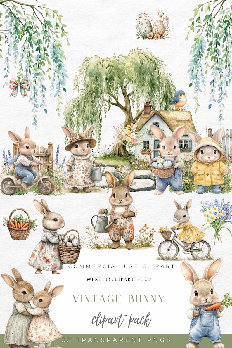 Vintage Bunny Clipart Easter Spring Watercolor Cottagecore Commercial Use Birthday Party Baby Shower Wildflowers Sublimation PNG image 12