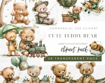 May include: Watercolor clipart pack featuring various teddy bears in different scenes. Bears are depicted with a swing, fishing, in a hot air balloon, and driving a train. The text "Cute Teddy Bear" and "clipart pack" are also visible.