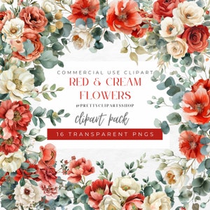 Clipart floral vermelho e creme, arranjos de flores em aquarela, guirlanda floral, borda floral vermelha, PNG de papoula, uso comercial
