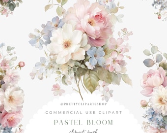 Puede incluir: Ilustración digital de un arreglo floral en tonos pastel. El ramo presenta grandes rosas rosas y blancas, pequeñas flores azules y hojas verdes. El texto dice "PASTEL BLOOM clipart pack" y "21 TRANSPARENT PNGS".