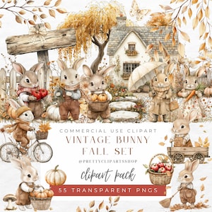 Vintage Bunny Clipart Herbst Herbst Aquarell Cottagecore Kommerzielle Nutzung Geburtstagsparty Baby Shower Wildblumen Sublimation PNG