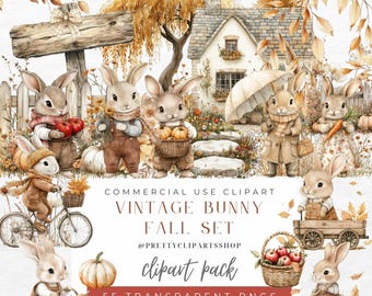 Vintage Bunny Clipart: Fall Watercolor, Cottagecore PNG (55 Images)