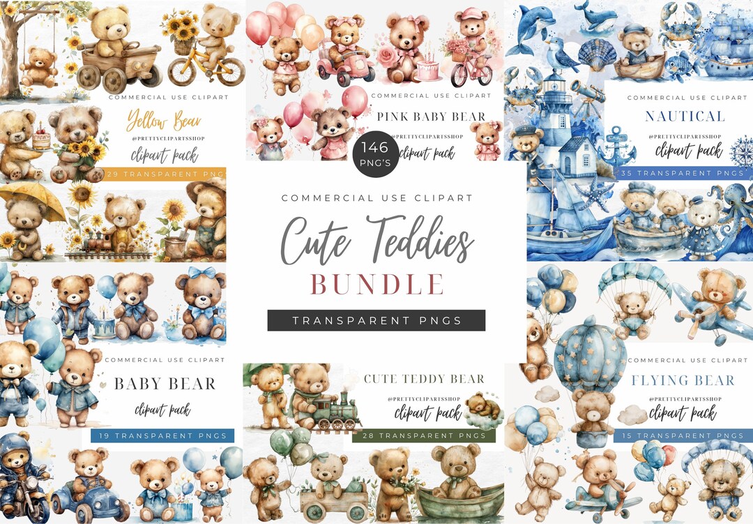 Watercolor Teddy Bear Clipart Bundle: Boho Nursery, Baby Shower ...