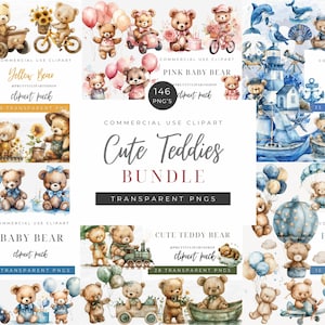 Teddy Bear Clipart Bundle, DIGITAL DOWNLOAD, Boho Nursery Clipart, Watercolor Baby Shower, Bear Hot Air Balloon Commercial Use PNG