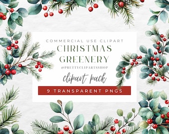 May include: A digital clipart pack of 9 transparent PNG images featuring watercolor illustrations of Christmas greenery with red berries. The images are perfect for creating festive designs for cards, invitations, and other projects.  COMMERCIAL USE CLIPART CHRISTMAS GREENERY @PRETTYCLIPARTSSHOP clipart pack 9 TRANSPARENT PNGS