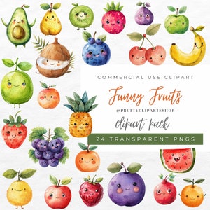 May include: A set of 24 watercolor illustrations of fruits with cute faces. The fruits include avocado, pear, kiwi, strawberry, fig, apple, banana, blueberry, cherry, coconut, lime, pineapple, grapes, plum, watermelon, pomegranate, and orange. The illustrations are perfect for use in digital scrapbooking, card making, and other creative projects.