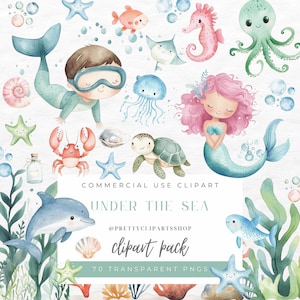 Paquete de imágenes prediseñadas PNG de acuarela bajo el mar, lindos animales del océano, decoración para baby shower, pescador, sirena estética, pulpo, medusa, borde de arrecife