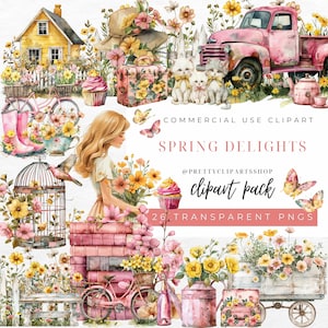Aquarelle printemps Clipart, Cottage Core PNG, tout usage commercial, autocollants numériques, Clipart printemps fille, fleurs de printemps PNG