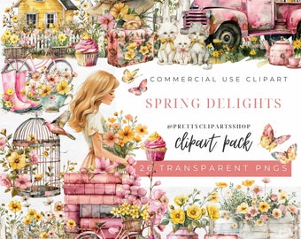 Watercolor Spring Clipart, Cottage Core PNG, Commercial Use, Digital Stickers, Spring Clipart girl, Spring florals PNG