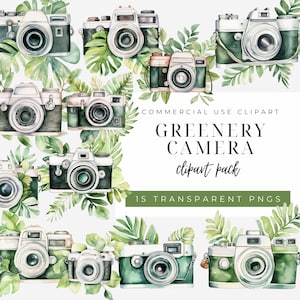 Aquarell Kamera Clipart: Grünpflanzen PNG (Instant Download)