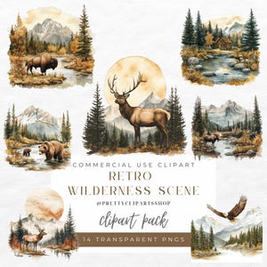 Può includere: Un pacchetto di clipart digitale con 14 illustrazioni ad acquerello di una scena di natura selvaggia retrò. Le illustrazioni includono un bisonte, un alce, un orso, un alce, un'aquila, montagne, alberi e una capanna. Le illustrazioni sono perfette per creare inviti, biglietti e altri lavoretti.