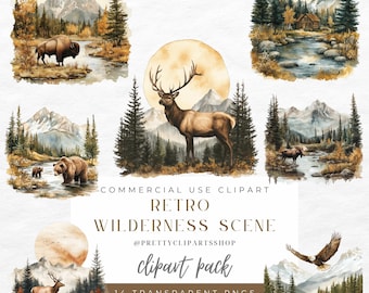 Retro Wilderness Watercolor Clipart: Forest Animals PNG Graphics (Digital Download)