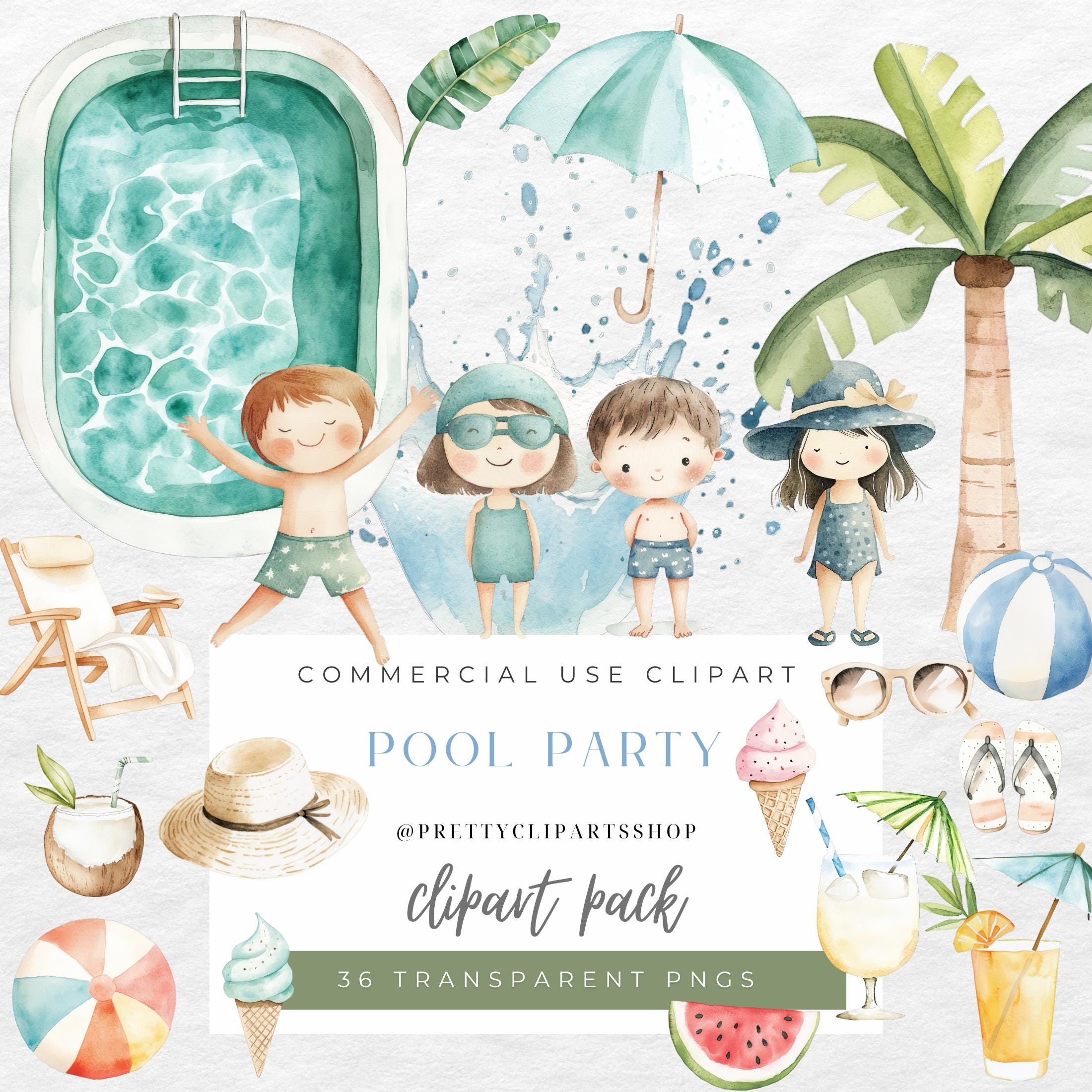 Pool Party Clipart Summer Fun Cute Kids Cocktails Ice-Cream Floaties Beach Accessories Party Invitation Commercial Use Clipart