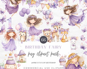 Fairy Birthday Magical Woodland Watercolor PNG Clipart, First Birthday Clipart, Enchanted Forest, Baby Shower Clipart Digital Download