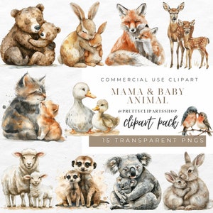 Aquarell Mama und Baby Tier Clipart, Baby Tiere, süßes Tier PNG, Waldtiere, Baby Shower Clipart, Muttertags Clipart