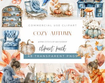 Watercolor Cozy Fall Clipart Bundle: Bookworm Autumn PNG (Digital Download)